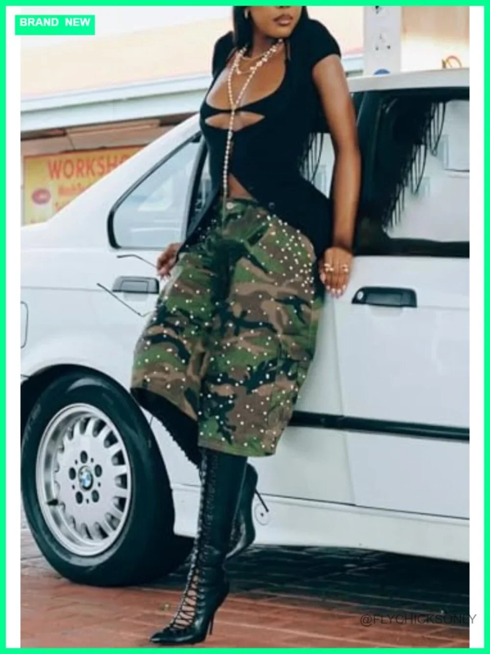 Camo Cargo Denim Shorts High Waisted Baggy Wide Leg Jorts with Pockets